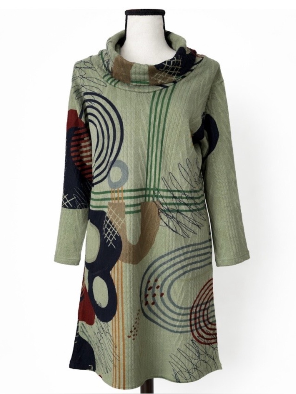 Long Sleeve Cowl Neck Abstract Print Dress - Sage Green